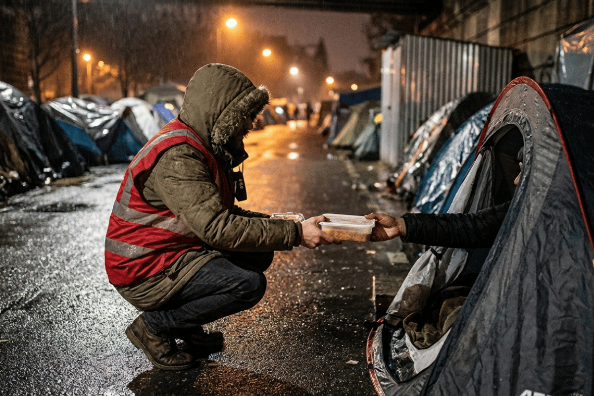 Bénévole d'Au Cœur de la Précarité distribuant un repas lors d'une maraude de nuit